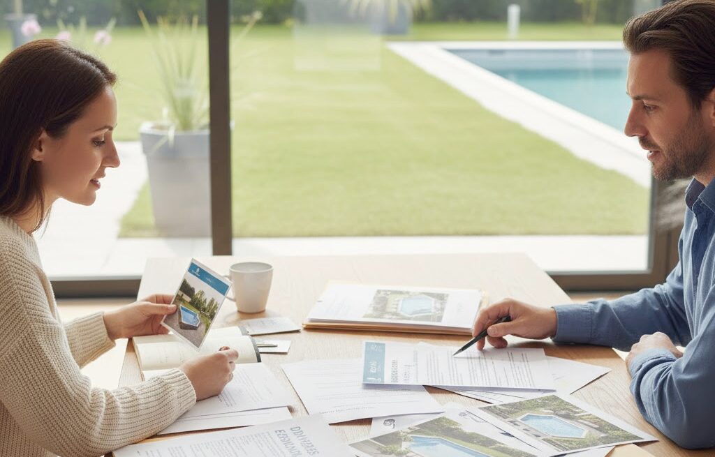 Un conseiller Art & Loisirs Piscines présente un devis et des plans de piscine à des clients dans le showroom de Peltre, en Moselle.